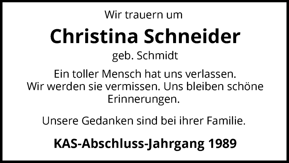  Traueranzeige für Christina Schneider vom 19.07.2025 aus HASK