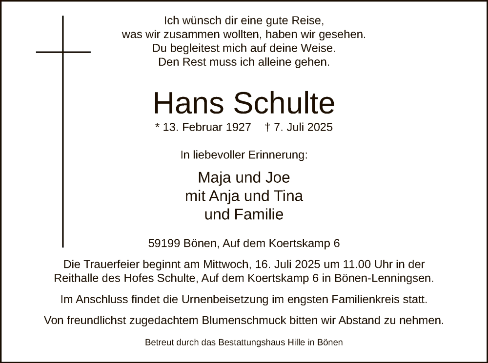  Traueranzeige für Hans Schulte vom 12.07.2025 aus HAWA