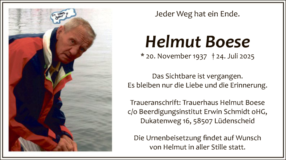  Traueranzeige für Helmut Boese vom 26.07.2025 aus HALN