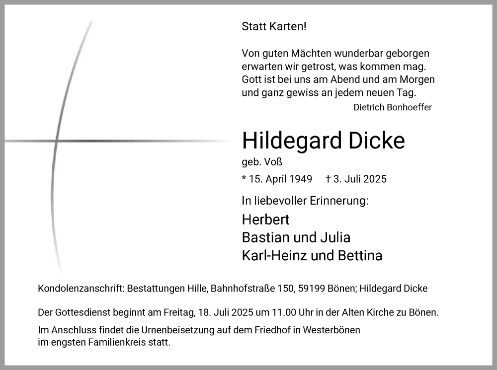  Traueranzeige für Hildegard Dicke vom 12.07.2025 aus HAWA