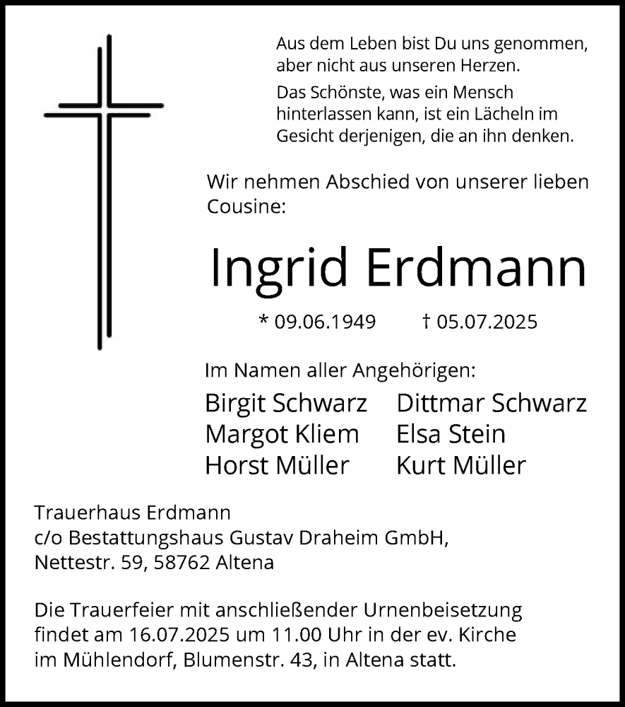  Traueranzeige für Ingrid Erdmann vom 12.07.2025 aus HALN
