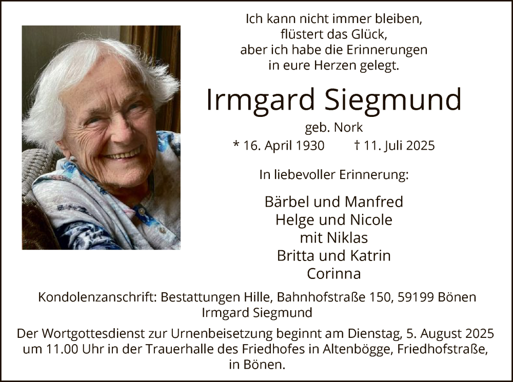  Traueranzeige für Irmgard Siegmund vom 26.07.2025 aus HAWA