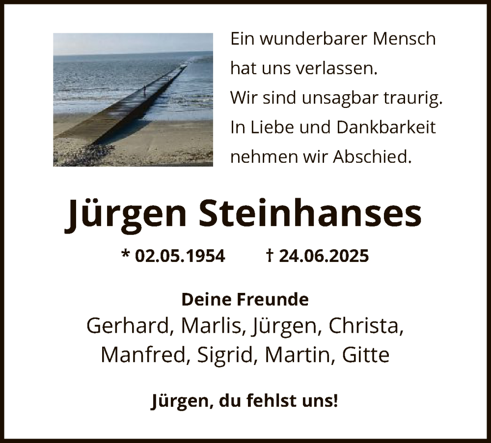  Traueranzeige für Jürgen Steinhanses vom 05.07.2025 aus HASK