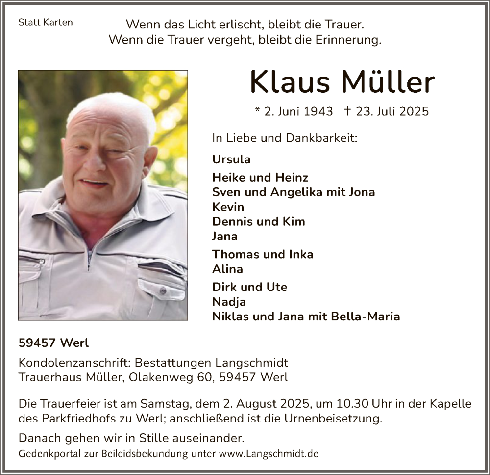  Traueranzeige für Klaus Müller vom 26.07.2025 aus HASO