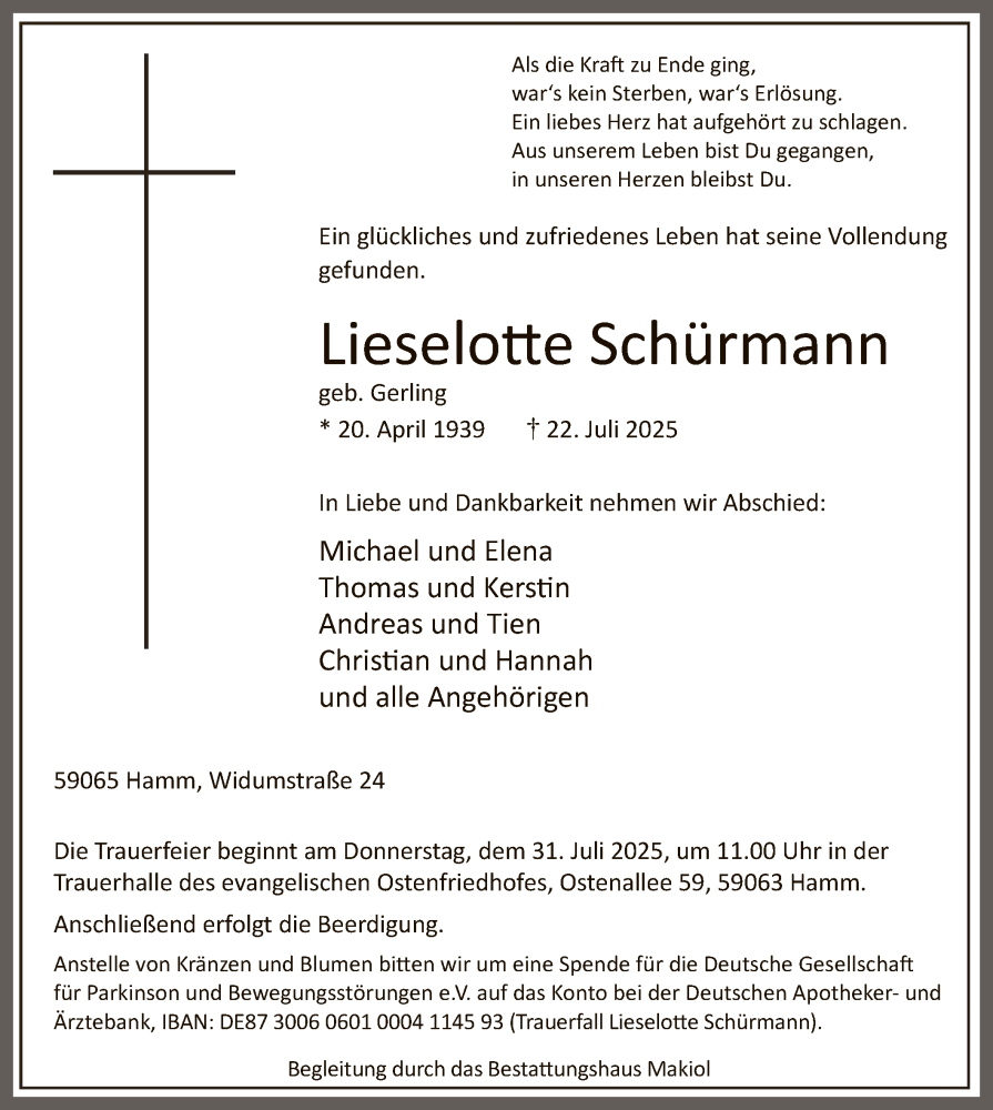  Traueranzeige für Lieselotte Schürmann vom 26.07.2025 aus HAWA