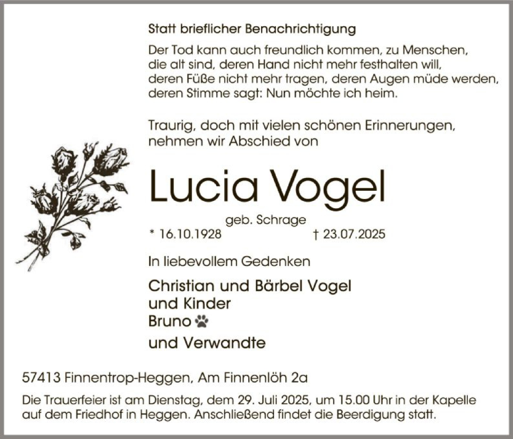  Traueranzeige für Lucia Vogel vom 26.07.2025 aus HASK
