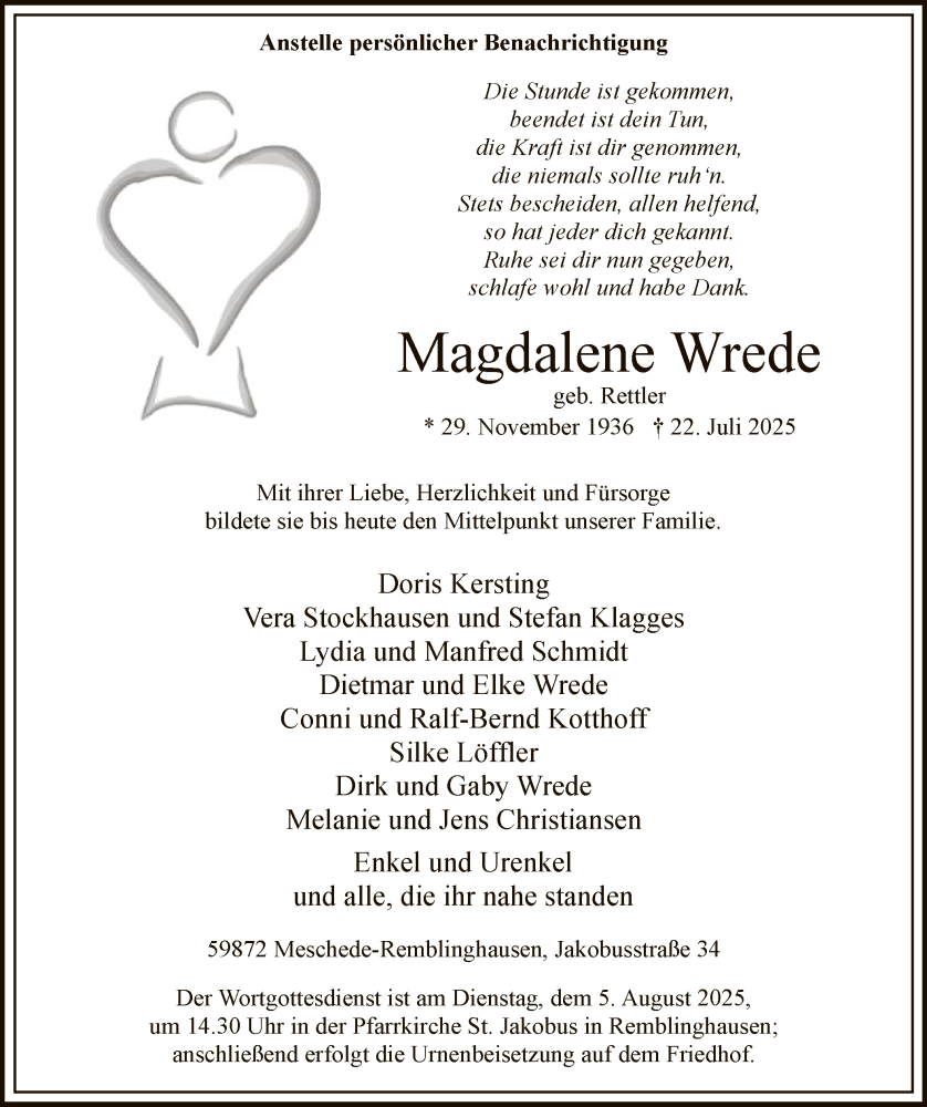  Traueranzeige für Magdalene Wrede vom 26.07.2025 aus HASK