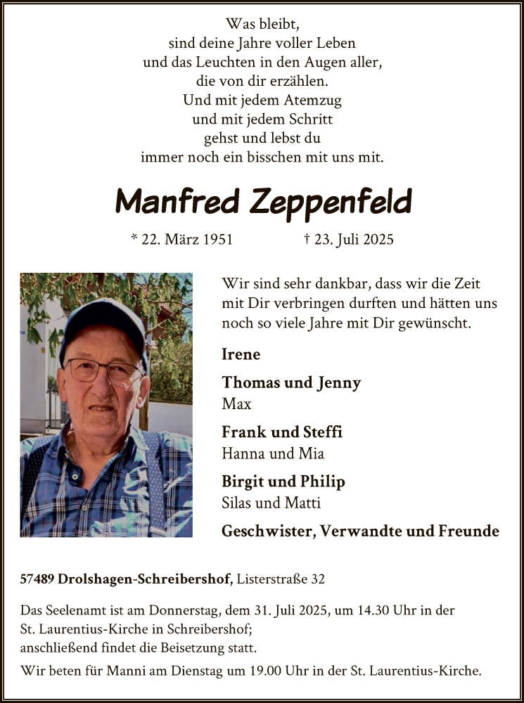  Traueranzeige für Manfred Zeppenfeld vom 26.07.2025 aus HASK