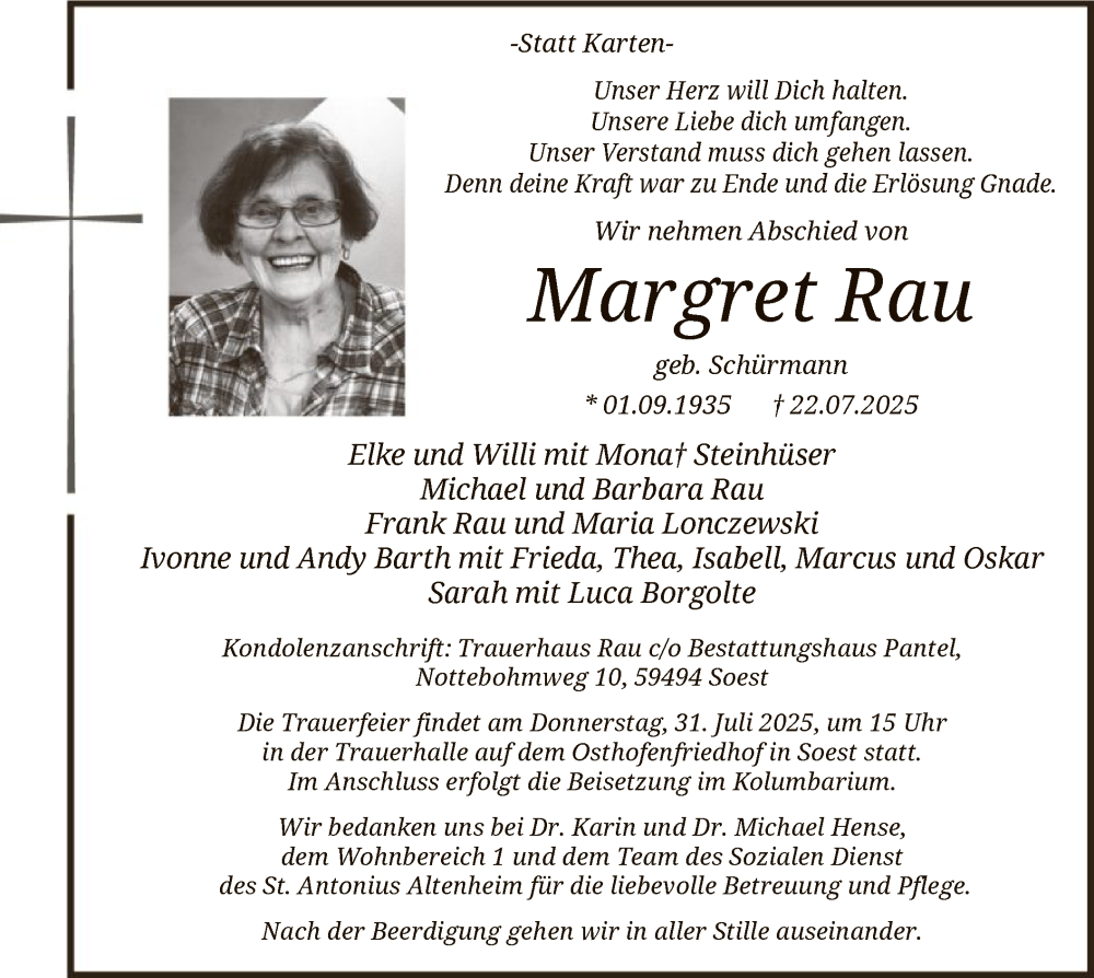  Traueranzeige für Margret Rau vom 26.07.2025 aus HASO