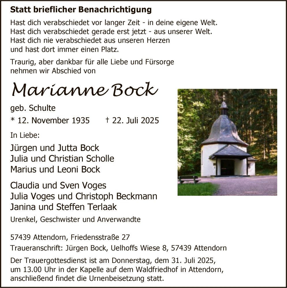  Traueranzeige für Marianne Bock vom 26.07.2025 aus HASK