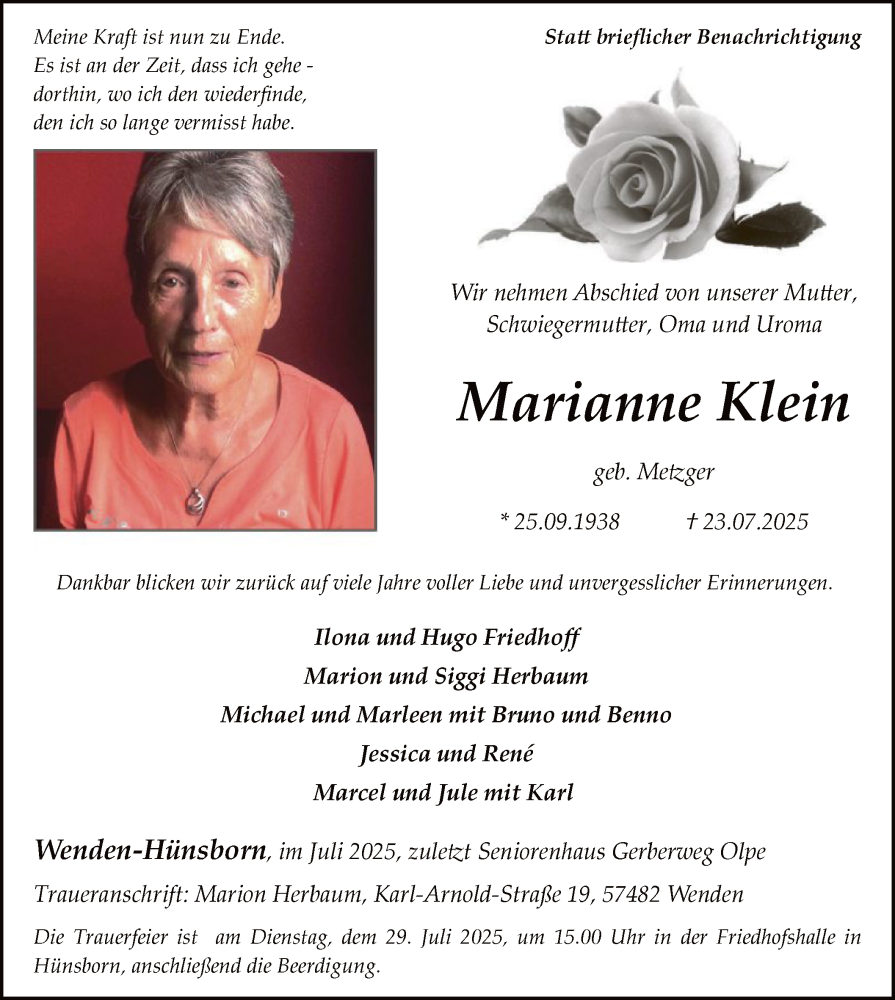  Traueranzeige für Marianne Klein vom 26.07.2025 aus HASK