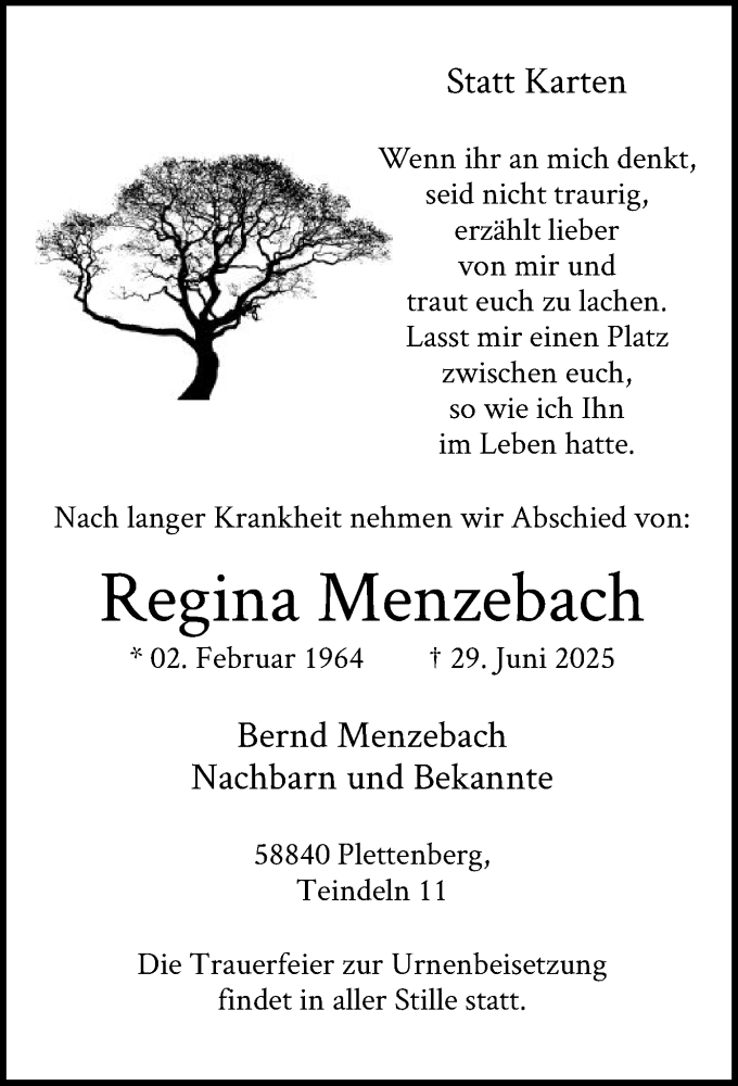  Traueranzeige für Regina Menzebach vom 05.07.2025 aus HALN