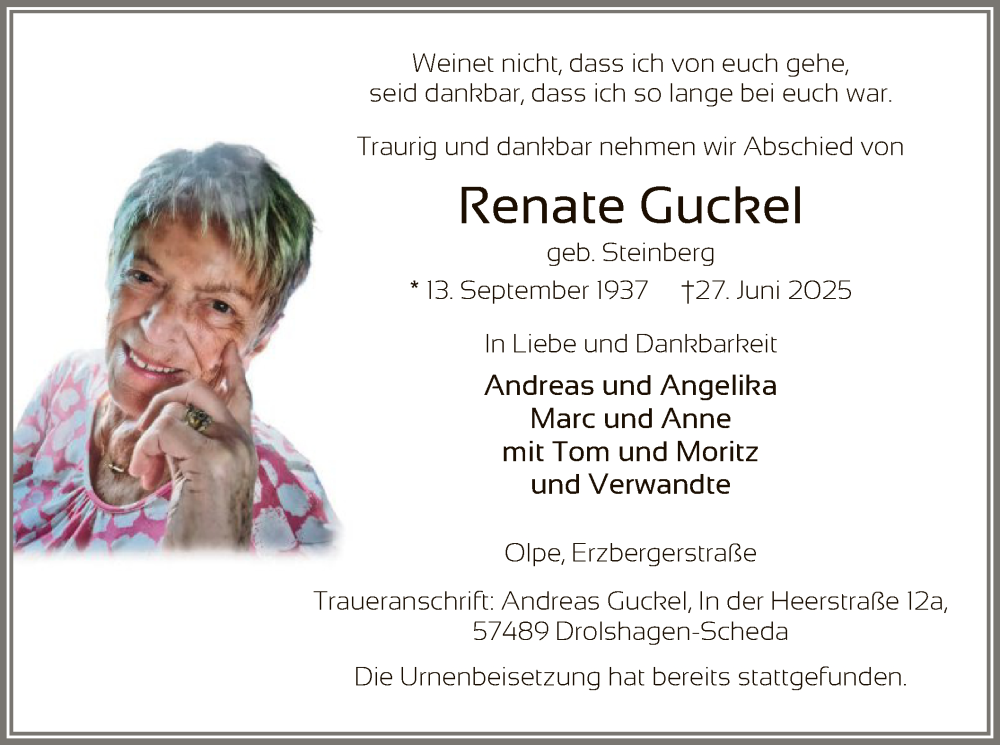  Traueranzeige für Renate Guckel vom 12.07.2025 aus HASK