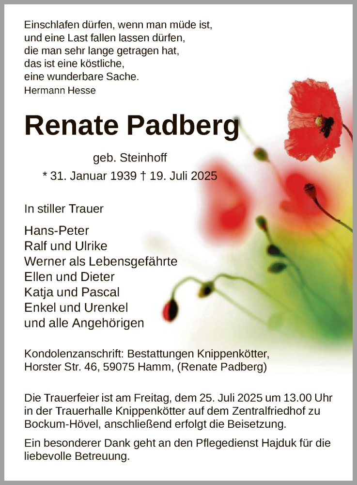  Traueranzeige für Renate Padberg vom 23.07.2025 aus HAWA