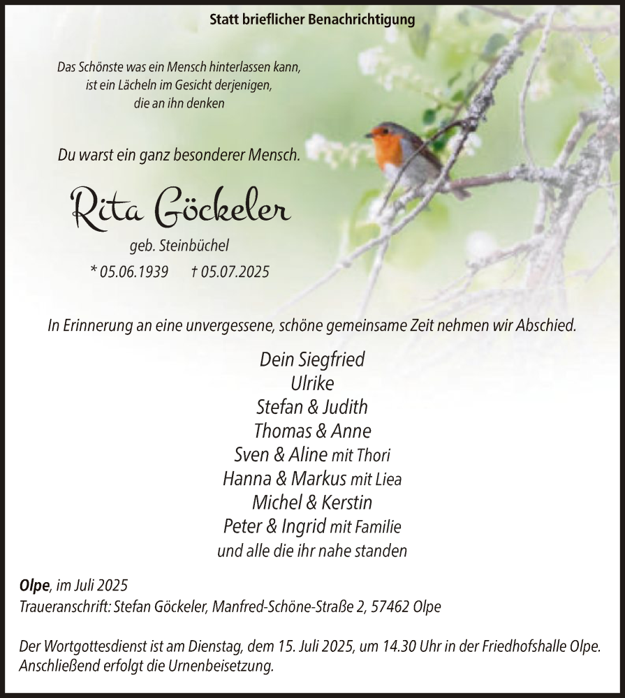  Traueranzeige für Rita Göckeler vom 12.07.2025 aus HASK