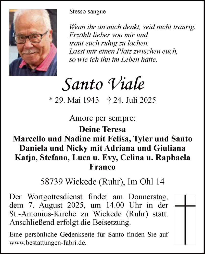  Traueranzeige für Santo Viale vom 26.07.2025 aus HASO