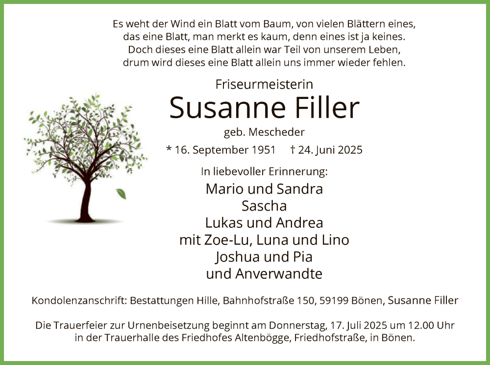  Traueranzeige für Susanne Filler vom 05.07.2025 aus HAWA