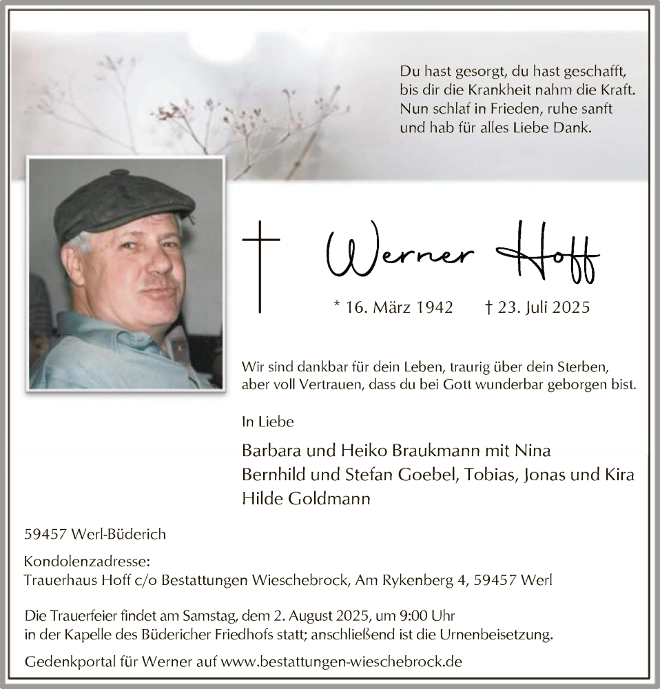  Traueranzeige für Werner Hoff vom 26.07.2025 aus HASO
