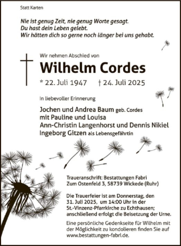  Traueranzeige für Wilhelm Cordes vom 29.07.2025 aus HASO