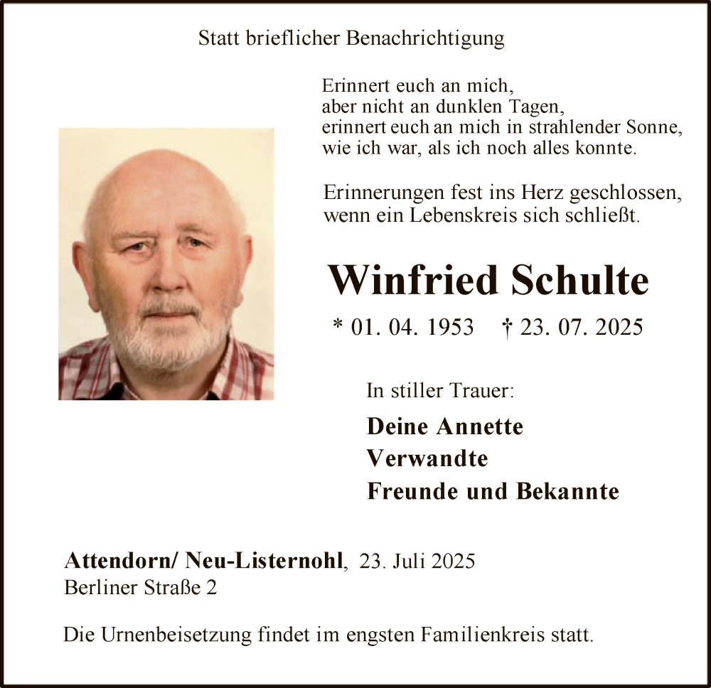  Traueranzeige für Winfried Schulte vom 26.07.2025 aus HASK