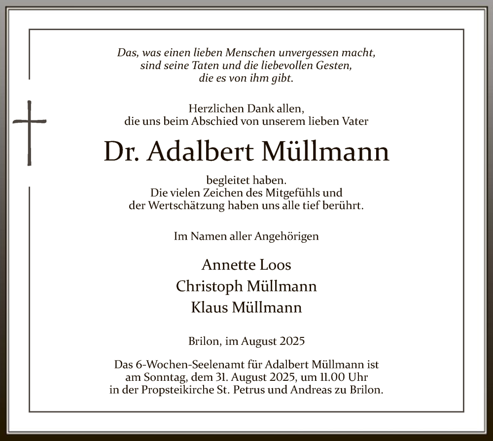  Traueranzeige für Adalbert Müllmann vom 16.08.2025 aus HASK