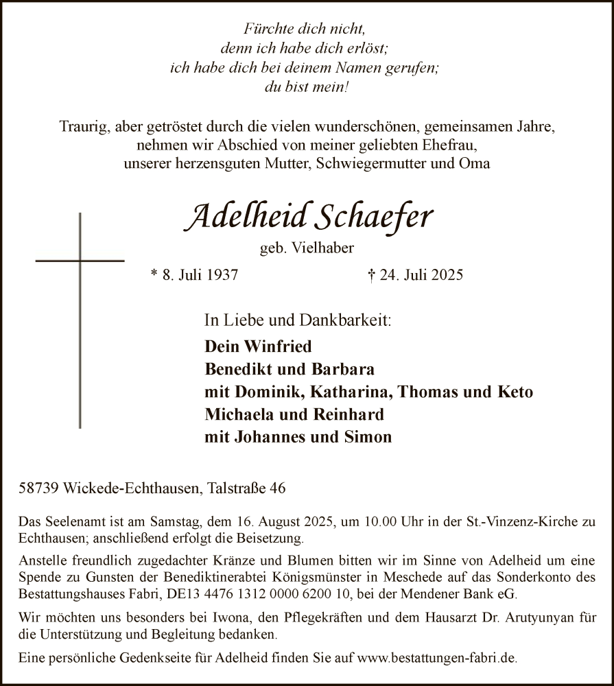  Traueranzeige für Adelheid Schaefer vom 09.08.2025 aus HASO