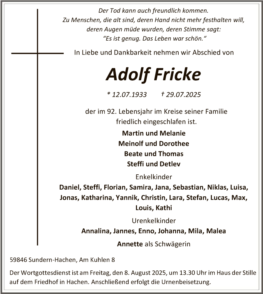 Traueranzeige für Adolf Fricke vom 02.08.2025 aus HASK