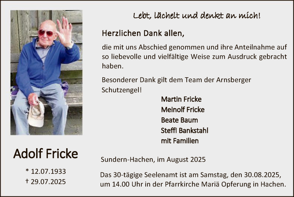  Traueranzeige für Adolf Fricke vom 23.08.2025 aus HASK