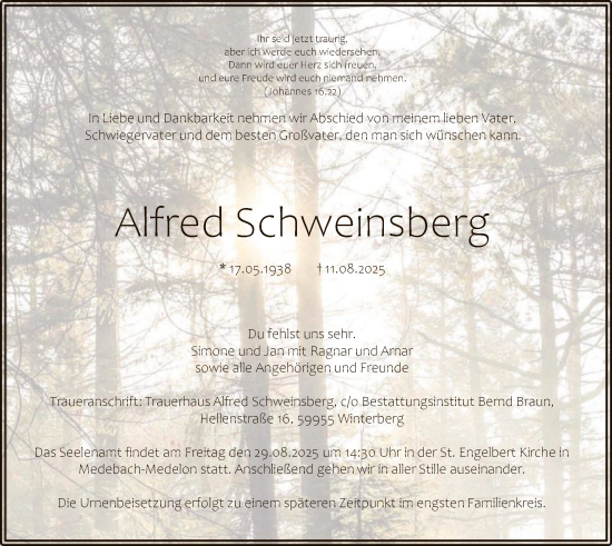 Traueranzeige von Alfred Schweinsberg von HASK