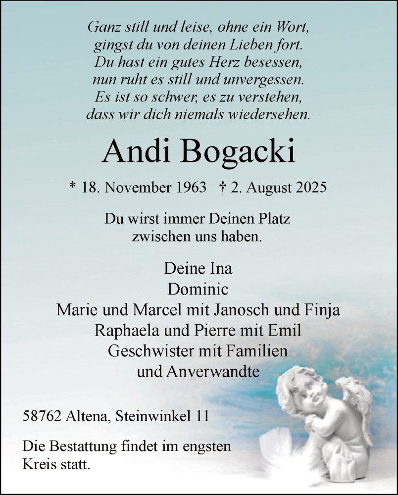 Traueranzeige für Andi Bogacki vom 09.08.2025 aus HALN