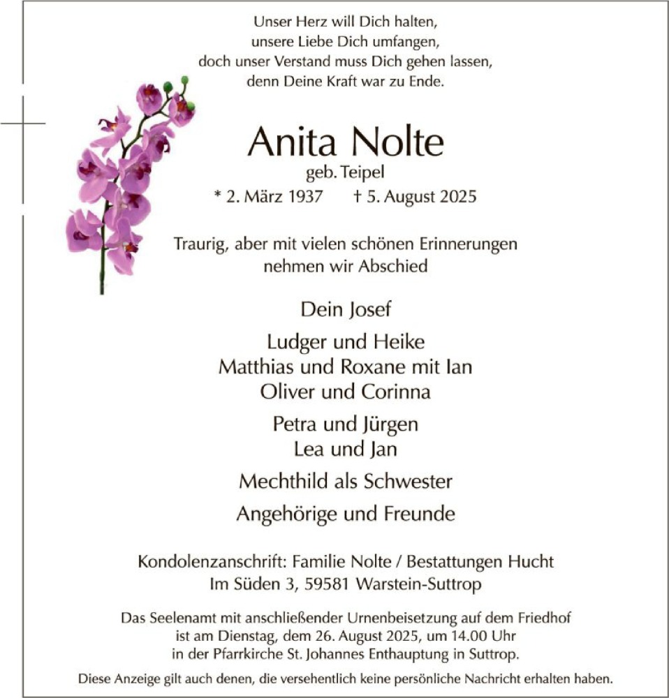  Traueranzeige für Anita Nolte vom 11.08.2025 aus HASO