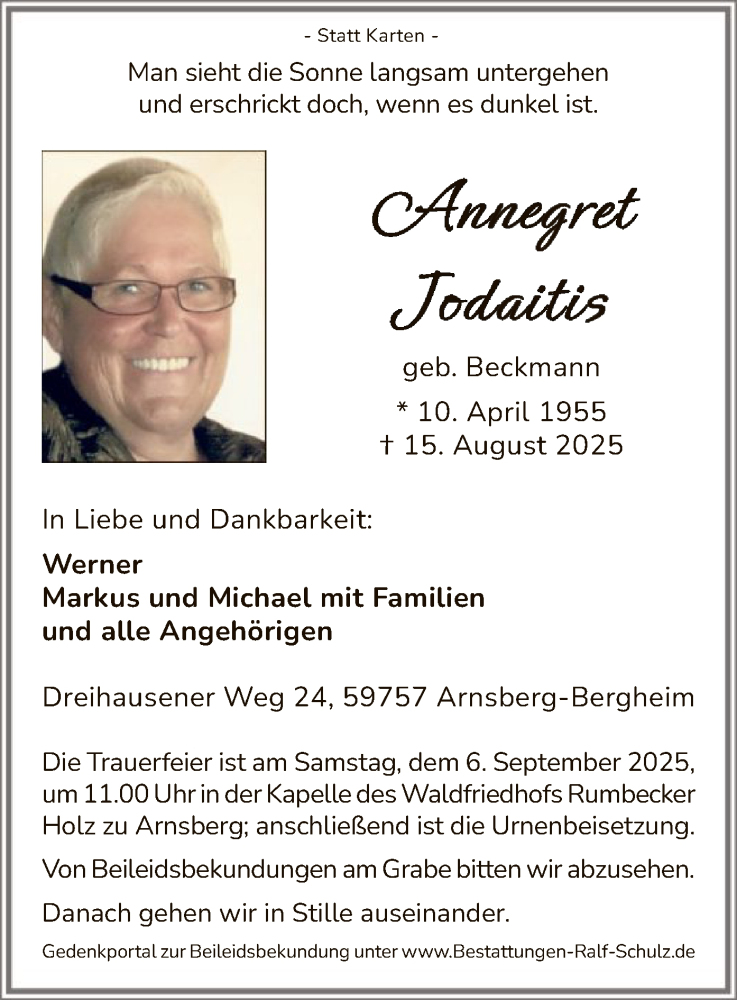 Traueranzeige für Annegret Jodaitis vom 30.08.2025 aus HASK
