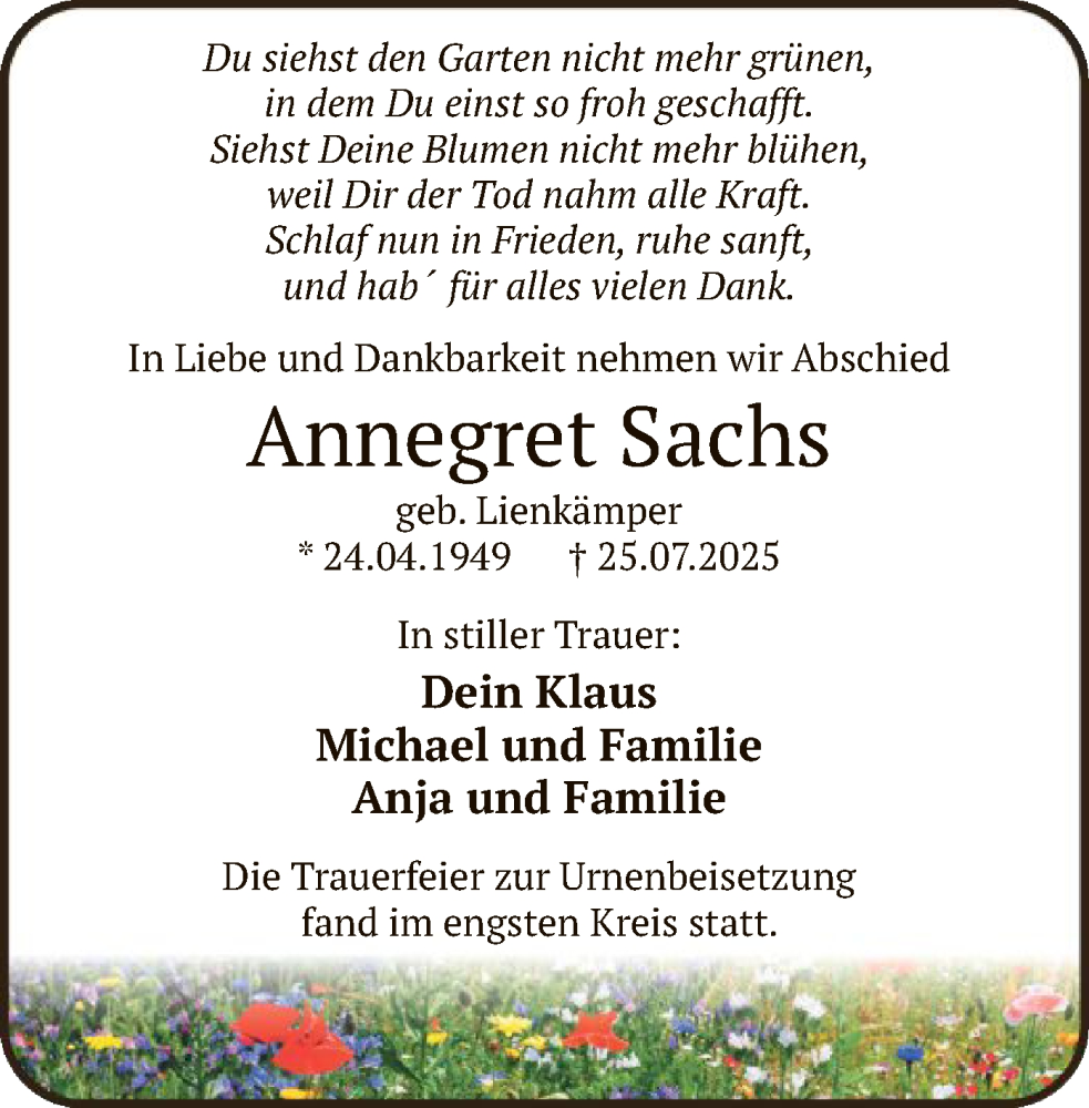  Traueranzeige für Annegret Sachs vom 09.08.2025 aus HALN