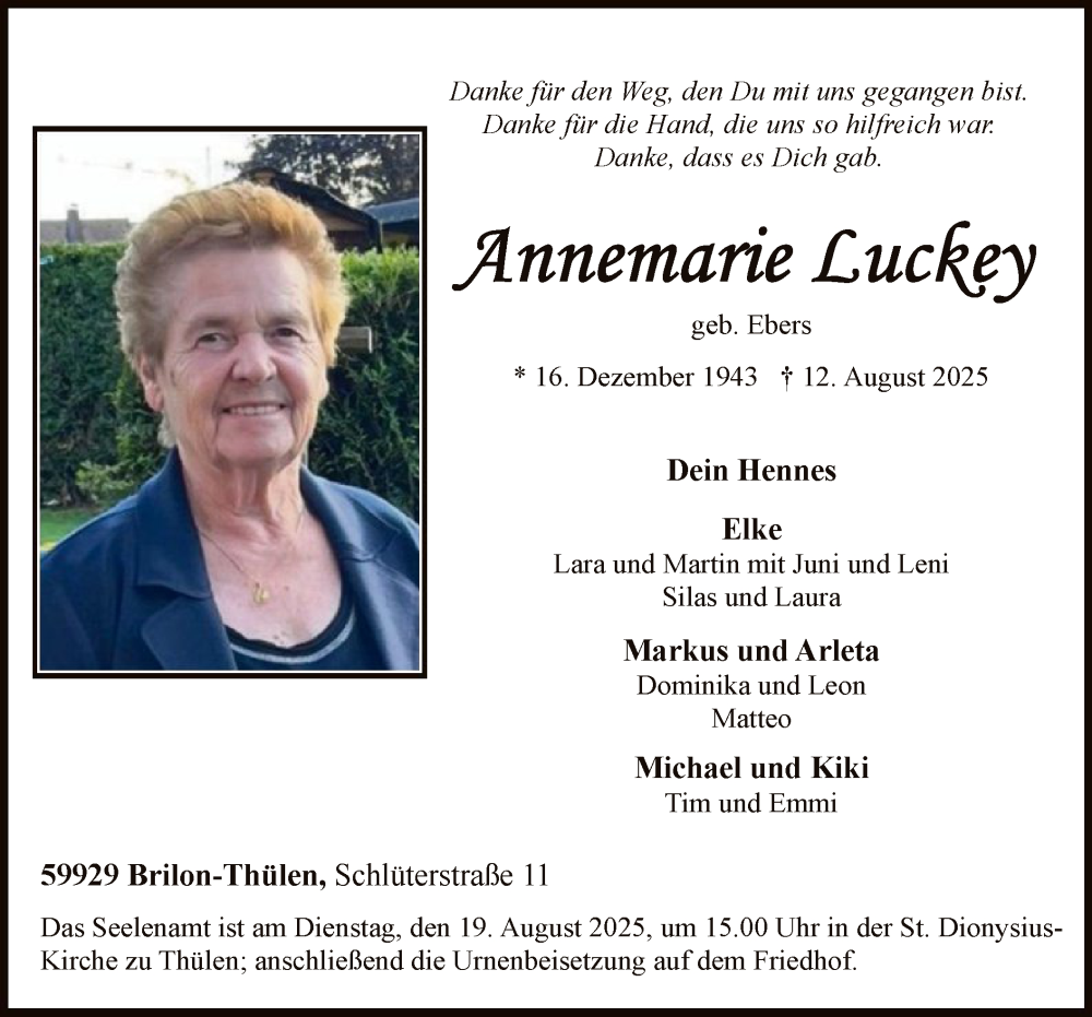  Traueranzeige für Annemarie Luckey vom 16.08.2025 aus HASK