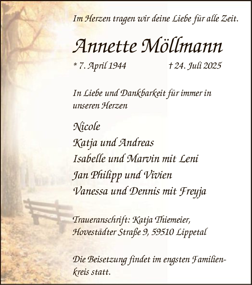  Traueranzeige für Annette Möllmann vom 02.08.2025 aus HASO
