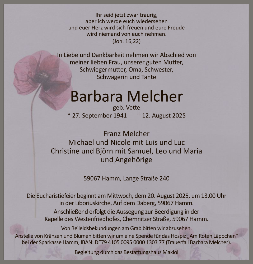  Traueranzeige für Barbara Melcher vom 16.08.2025 aus HAWA