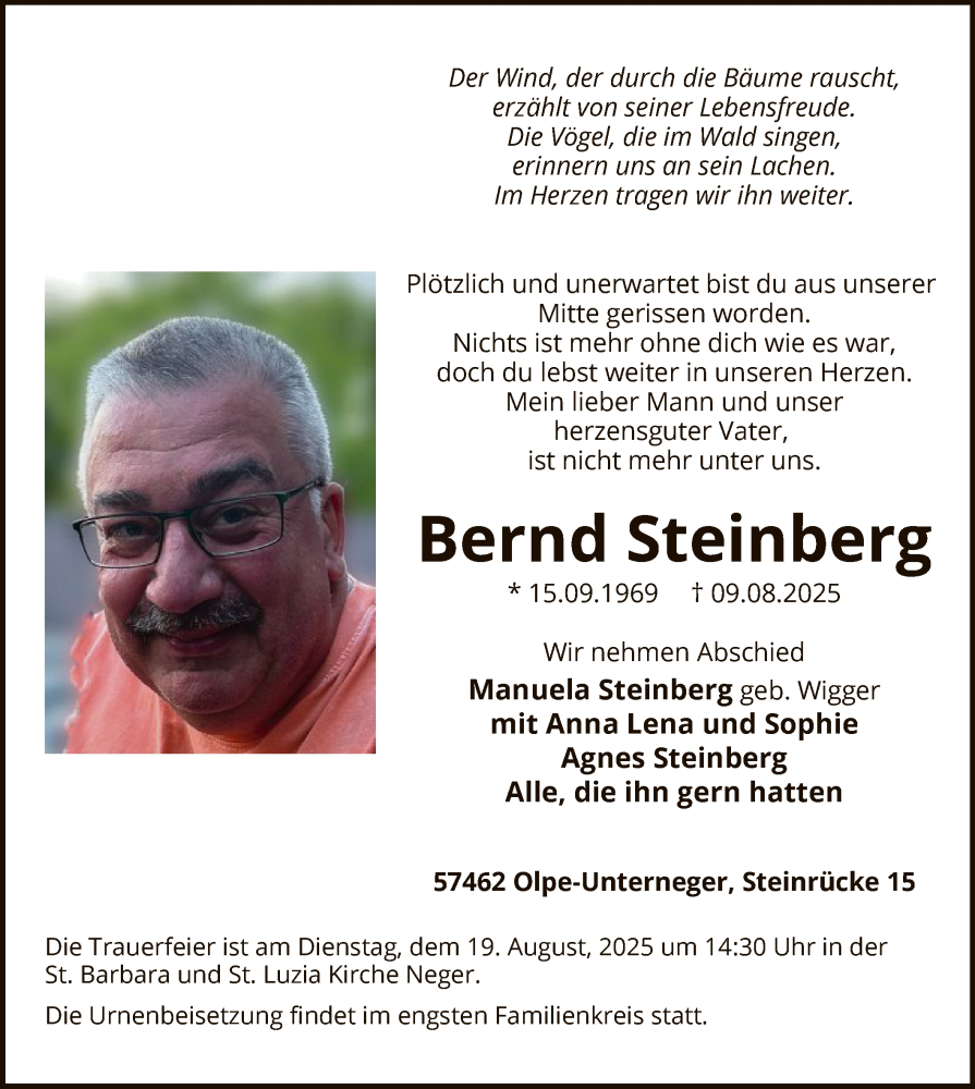  Traueranzeige für Bernd Steinberg vom 16.08.2025 aus HASK