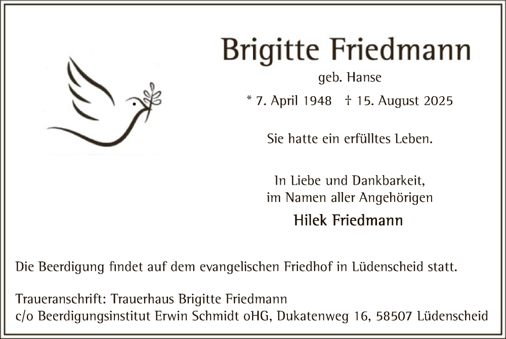 Traueranzeige für Brigitte Friedmann vom 23.08.2025 aus HALN