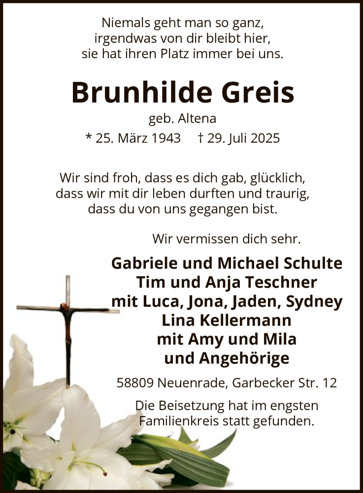  Traueranzeige für Brunhilde Greis vom 30.08.2025 aus HALN