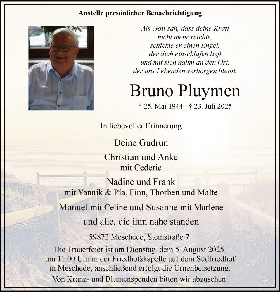  Traueranzeige für Bruno Pluymen vom 02.08.2025 aus HASK