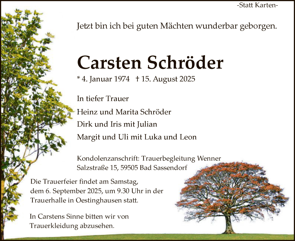  Traueranzeige für Carsten Schröder vom 23.08.2025 aus HASO