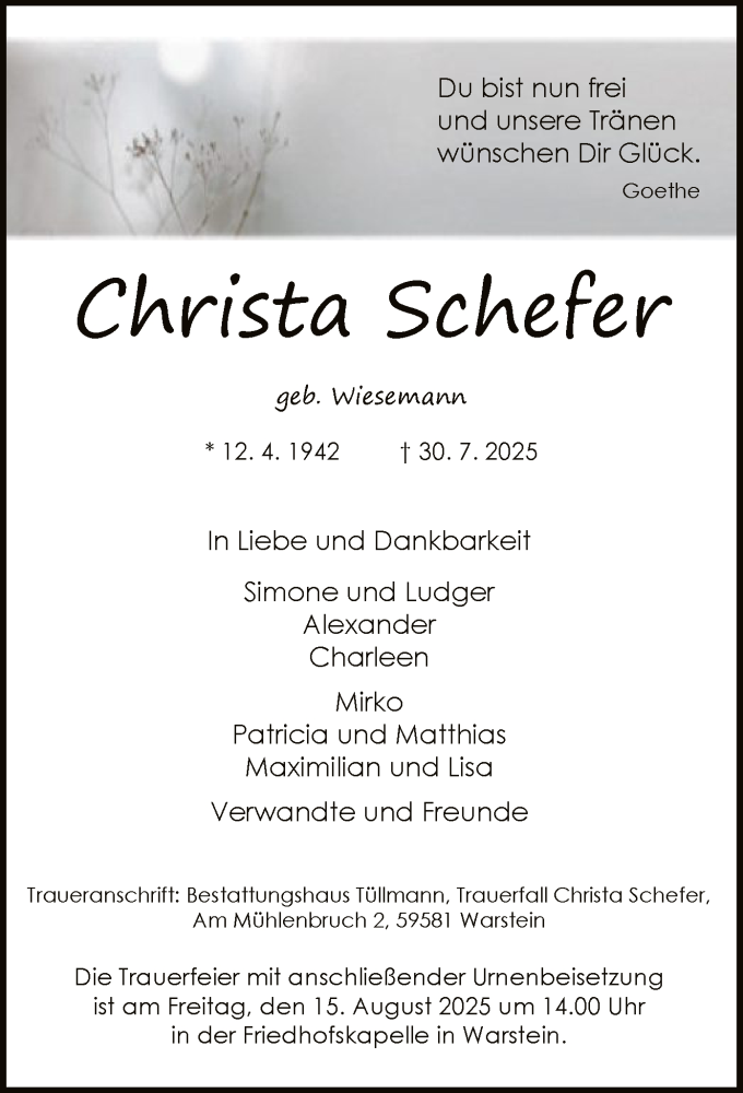  Traueranzeige für Christa Schefer vom 09.08.2025 aus HASK