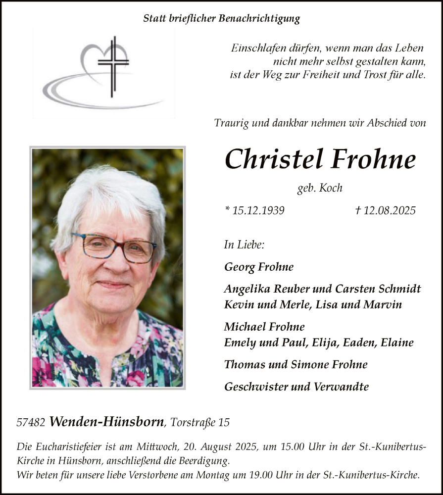  Traueranzeige für Christel Frohne vom 16.08.2025 aus HASK