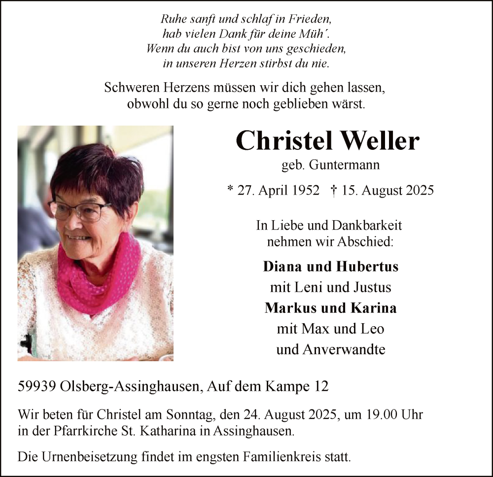  Traueranzeige für Christel Weller vom 23.08.2025 aus HASK