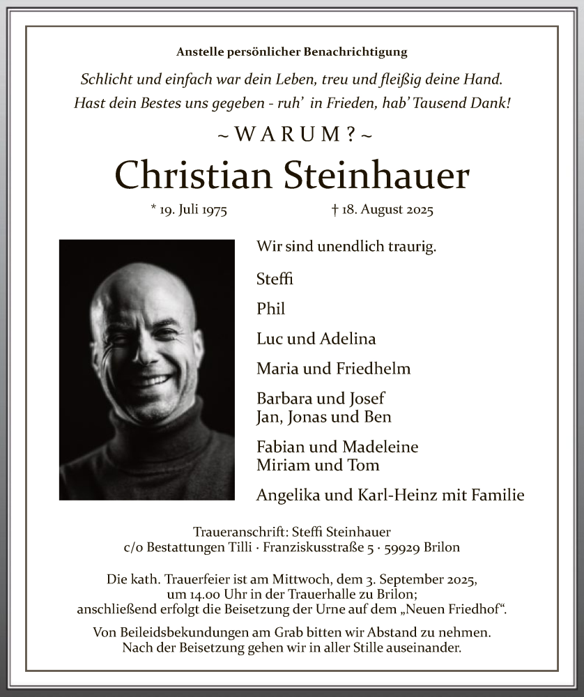  Traueranzeige für Christian Steinhauer vom 30.08.2025 aus HASK