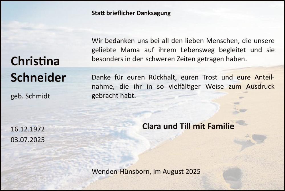  Traueranzeige für Christina Schneider vom 09.08.2025 aus HASK