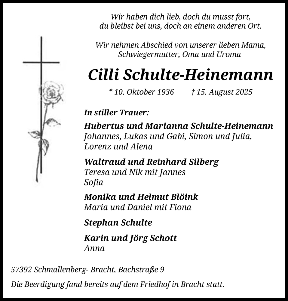  Traueranzeige für Cilli Schulte-Heinemann vom 23.08.2025 aus HASK