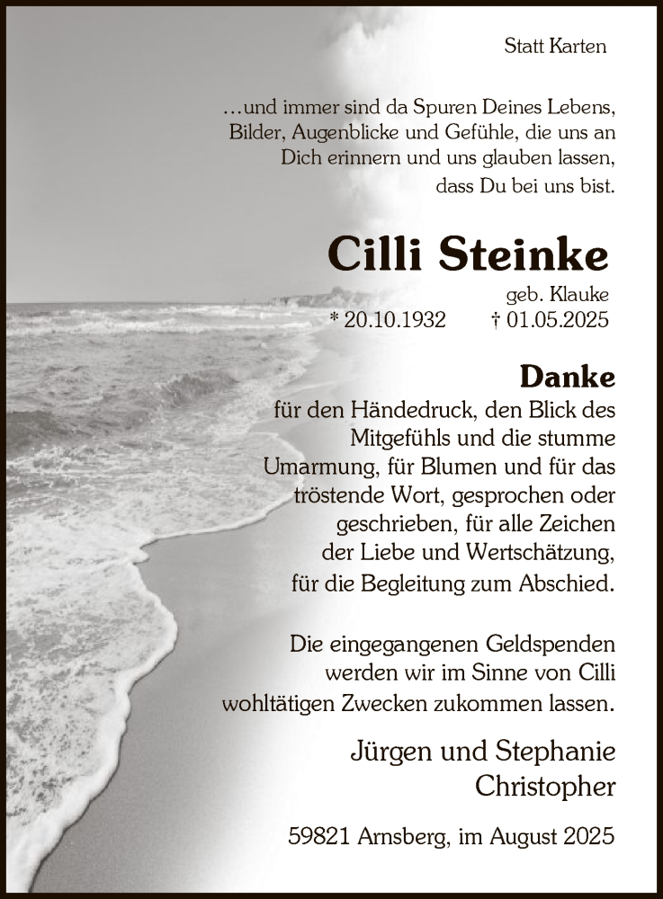  Traueranzeige für Cilli Steinke vom 02.08.2025 aus HASK