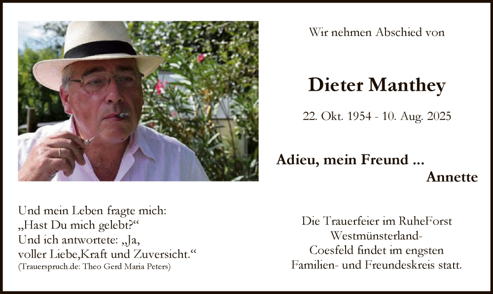  Traueranzeige für Dieter Manthey vom 16.08.2025 aus HASO