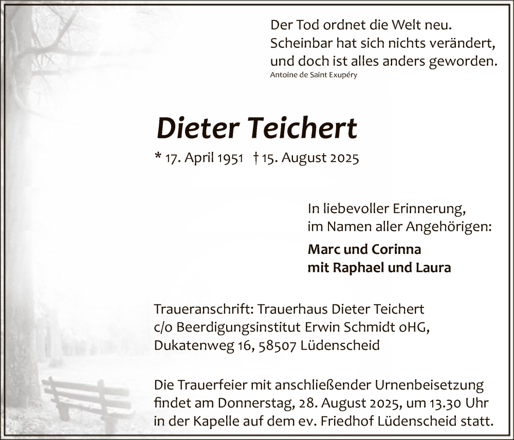  Traueranzeige für Dieter Teichert vom 23.08.2025 aus HALN